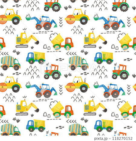 Beautiful vector childish seamless pattern with hand drawn watercolor kid toys illustrations. Construction equipment concrete mixer dump truck excavator tractor. Beautiful vector childish seamless pattern with hand drawn watercolor kid toys illustrations. Construction equipment concrete mixer dump truck excavator tractor. 118270152