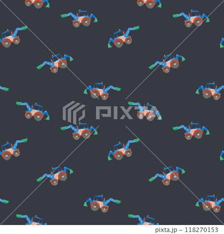 Beautiful vector childish seamless pattern with hand drawn watercolor kid toys illustrations. Construction equipment concrete mixer dump truck excavator tractor. Beautiful vector childish seamless pattern with hand drawn watercolor kid toys illustrations. Construction equipment concrete mixer dump truck excavator tractor. 118270153