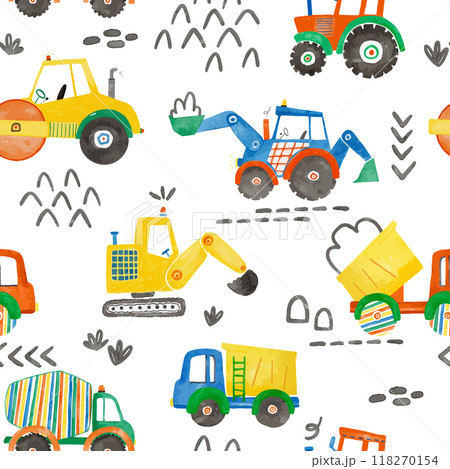 Beautiful vector childish seamless pattern with hand drawn watercolor kid toys illustrations. Construction equipment concrete mixer dump truck excavator tractor. 118270154