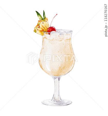 Watercolor Pina Colada illustration. Alcohol long drink clipart. Glass of cocktail. Club shake beverage hand drawn illustration. Stock print. 118270167