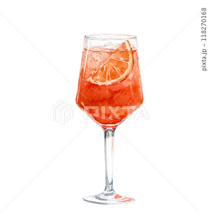 Watercolor Aperol spritz illustration. Alcohol long drink clipart. Glass of cocktail. Club shake beverage hand drawn illustration. Stock print. 118270168