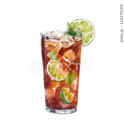Watercolor Cuba Libre illustration. Alcohol long drink clipart. Glass of cocktail. Club shake beverage hand drawn illustration. Stock print. 118270169