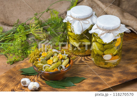 marinated cucumbers, cucumbers in a bowl, Cucumber pickle set 118270570