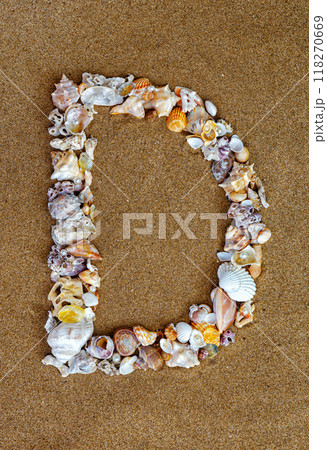 The letter D of the English alphabet, a letter made of seashells on the sand. 118270669