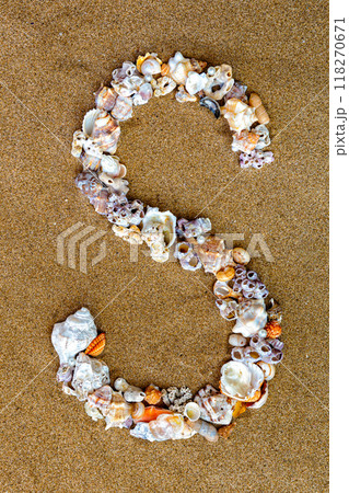 The letter S of the English alphabet, a letter made of seashells on the sand. 118270671