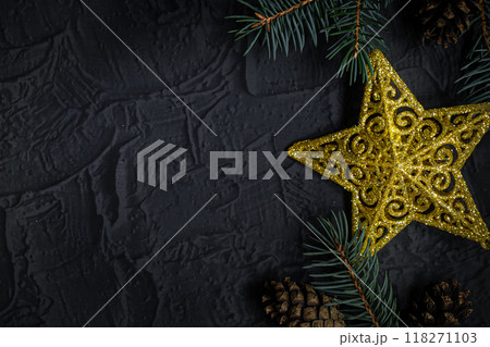 Christmas stone background with snow fir tree. Top view with copy space 118271103