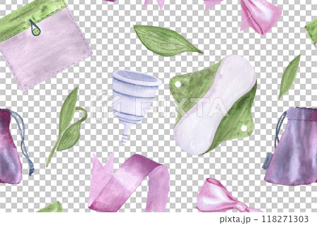 A menstrual cup, a period pad and a fabric pouch watercolor seamless pattern isolated on white. Great for eco-friendly menstrual care design, packaging, websites. Sustainable lifestyle of modern women A menstrual cup, a period pad and a fabric pouch watercolor seamless pattern isolated on white. Great for eco-friendly menstrual care design, packaging, websites. Sustainable lifestyle of modern women 118271303