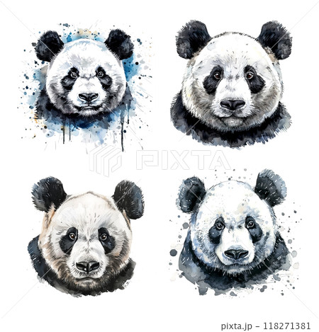 Four panda head depicted in vibrant watercolor, each with a unique expression and fur pattern. Wildlife Animals 118271381