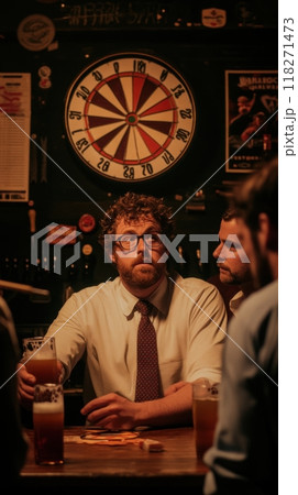Friends, colleagues, men in casual office style, meeting at bar, drinking beer. Dart dartboard on background. Warm lighting, relaxed atmosphere 118271473