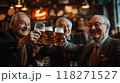 Group of older gentlemen dressed in classic suits, raising glasses of beer celebrating completed project. 118271527