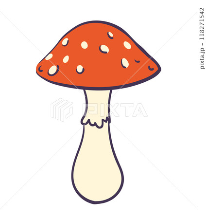Vector hand drawn cartoon fly agaric mushroom. Poisonous red mushroom amanita. Vector illustration on white background. Vector hand drawn cartoon fly agaric mushroom. Poisonous red mushroom amanita. Vector illustration on white background. 118271542