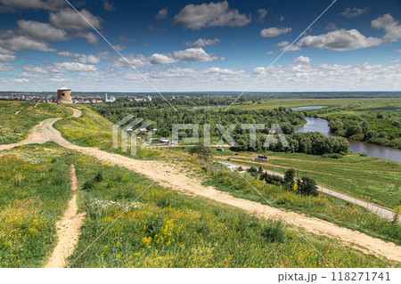 The tower of an ancient Bulgarian fortress on a high cliff on the banks of the Kama River, Elabuga, Tatarstan, Russian Federation 118271741