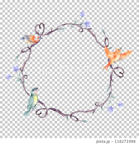 Circle frame of twigs, tiny birds and pastel blue flowers in watercolor painted isolated. Delicate branch with various birds on wreath hand drawn. Element for natural rustic designs, Valentine day. Circle frame of twigs, tiny birds and pastel blue flowers in watercolor painted isolated. Delicate branch with various birds on wreath hand drawn. Element for natural rustic designs, Valentine day. 118271998