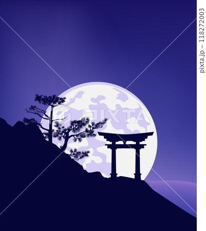 vector silhouette landscape of japanese torii gate on mountain pine cliff against full moon at night 118272003