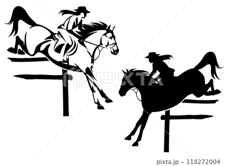 cowgirl riding jumping over the fence horse black and white vector design set 118272004