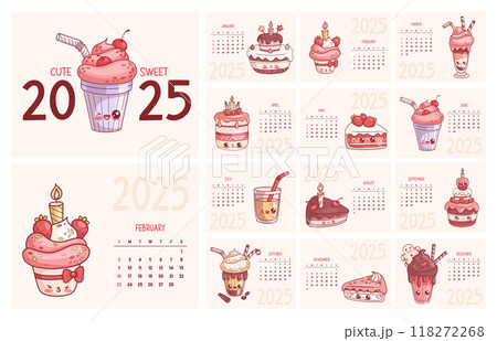 2025 Sweet calendar. Cute kawaii character milk shake, birthday cake, lemonade, cream dessert and cupcake. Vector English horizontal monthly printable planner 12 month pages and cover. Week Sunday. 118272268