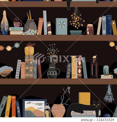 Seamless pattern with vintage books, and different retro things on dark shadow background. Old and mysterious interior. Standing books wall background. Home library. Vector illustration. 118272324