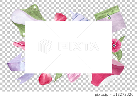 Reusable period pad, cups, pantie watercolor frame isolated on white. Perfect for comprehensive menstrual care design, for advertisements, packaging, cards, banners. Hand drawn art in pink and green 118272326
