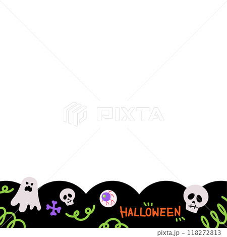 Illustration of square Halloween frame with ghost, head skull, bones, eye with blood vessels for social media post, ad template, decoration, banner, campaign, background, wallpaper, backdrop 118272813