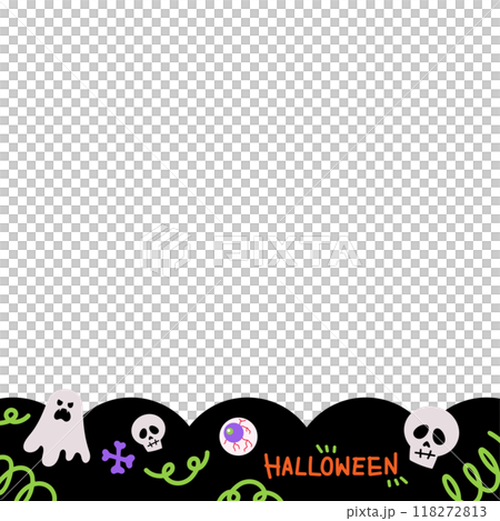 Illustration of square Halloween frame with ghost, head skull, bones, eye with blood vessels for social media post, ad template, decoration, banner, campaign, background, wallpaper, backdrop 118272813