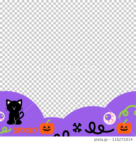 Illustration of square Halloween frame with black cat, pumpkin, bones, eye with blood vessels for social media post, ad template, decoration, banner, campaign, background, wallpaper, backdrop 118272814