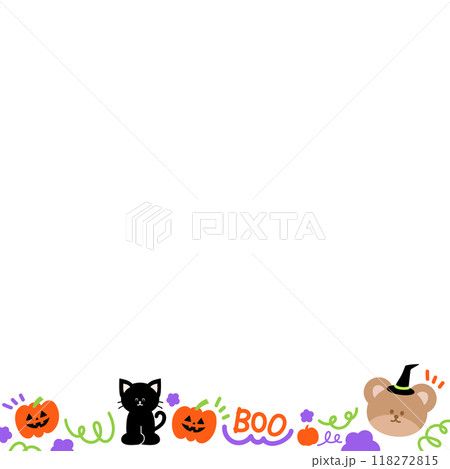 Illustration of square Halloween frame with black cat, pumpkin, teddy bear, witch hat, candy cane for social media post, ad template, decoration, banner, campaign, background, wallpaper, backdrop 118272815