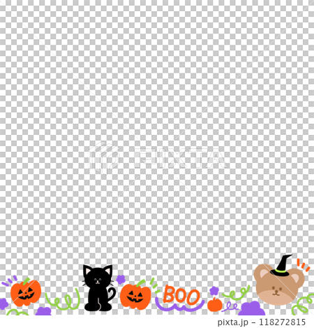 Illustration of square Halloween frame with black cat, pumpkin, teddy bear, witch hat, candy cane for social media post, ad template, decoration, banner, campaign, background, wallpaper, backdrop 118272815