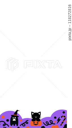 Illustration of vertical Halloween frame with black cat, pumpkin, ghost, witch hat, candy cane for social media post, ad template, decoration, banner, campaign, background, wallpaper, backdrop 118272816