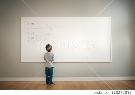 A young child is actively engaged in a math activity while using a whiteboard.  118272852