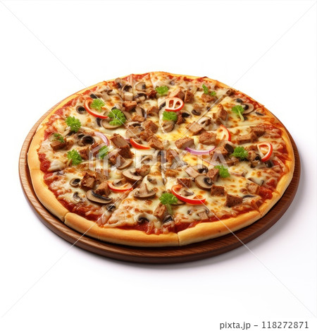Delicious pizza served on wooden plate isolated on white 118272871