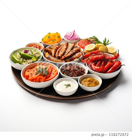 Colorful platter with seafood, meat, and vegetables, showcasing a balanced culinary spread 118272872