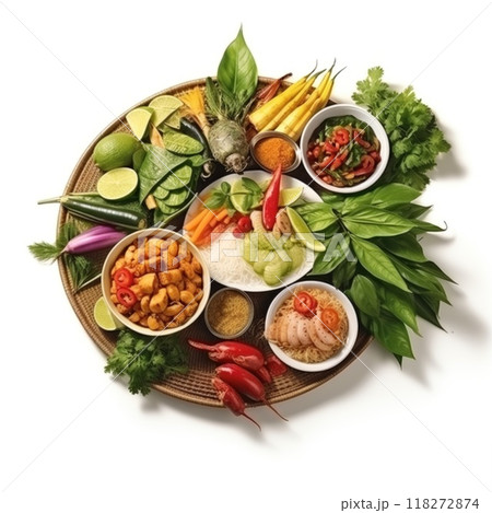 Traditional basket with fresh vegan ingredients and colorful dishes, making an appetizing assortment 118272874