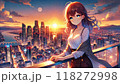 街を見下ろす高台に佇む美少女と夕焼け 118272998