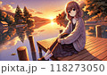 湖と夕日と美少女のイラスト 118273050