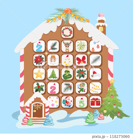 Advent calendar in the form of a gingerbread house with windows - Template design 118273060