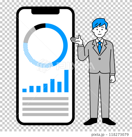 A man in a suit introducing asset management using a large smartphone 118273079