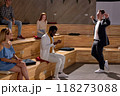 Excited Man In Formal Wear Raising Hands Up Celebrating The End Of Lecture Lesson 118273088