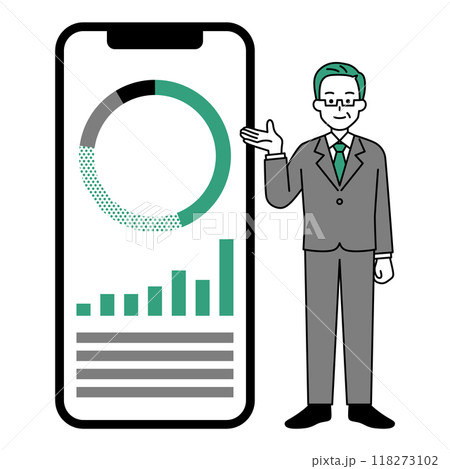 大きいスマートフォンで資産運用を紹介する中年のスーツの男性 大きいスマートフォンで資産運用を紹介する中年のスーツの男性 118273102