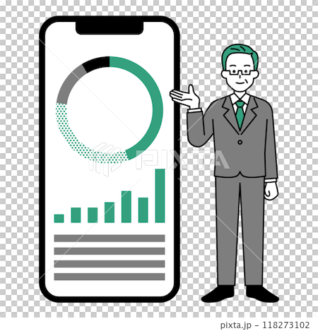 大きいスマートフォンで資産運用を紹介する中年のスーツの男性 大きいスマートフォンで資産運用を紹介する中年のスーツの男性 118273102