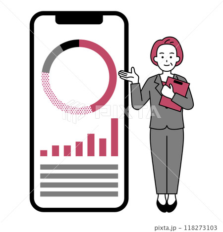 大きいスマートフォンで資産運用を紹介する中年のスーツの女性 118273103