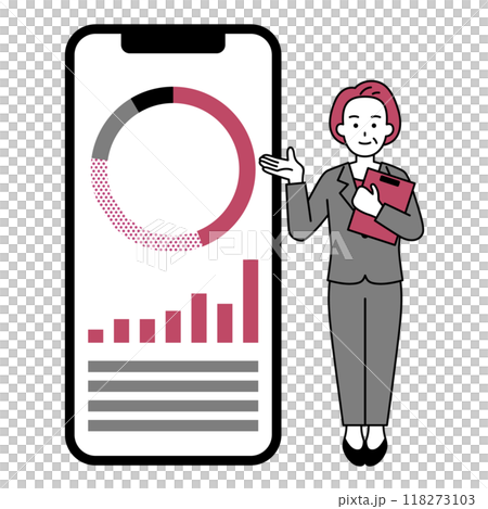 大きいスマートフォンで資産運用を紹介する中年のスーツの女性 118273103