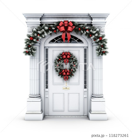A wooden door decorated for Christmas isolated on white background. A wooden door decorated for Christmas isolated on white background. 118273261