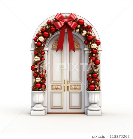 A wooden door decorated for Christmas isolated on white background. A wooden door decorated for Christmas isolated on white background. 118273262