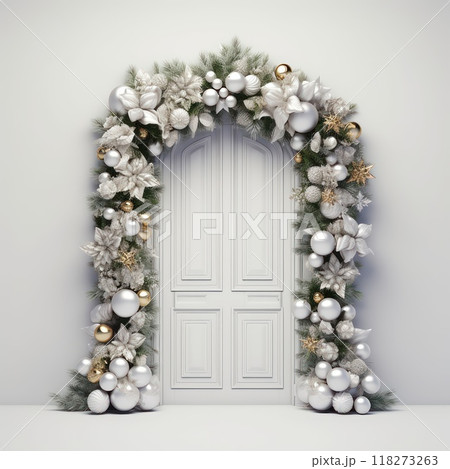 A wooden door decorated for Christmas isolated on white background. 118273263