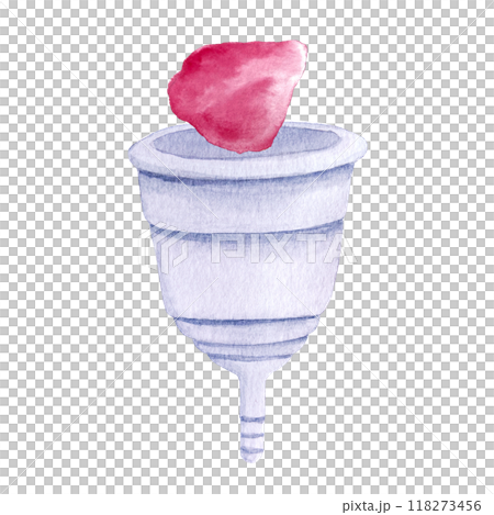 A menstrual cup and a pink petal flowing into it watercolor composition isolated on white. Great for eco-friendly menstrual care design, ads, packaging, blogs. Sustainable lifestyle of modern women 118273456