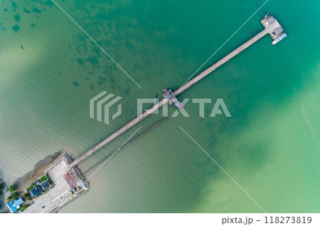 Aerial drone bird's eye view photo of small bridge in to the sea in beautiful island,Amazing sea nature high angle view 118273819