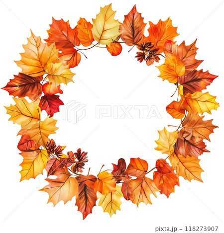 Watercolor wreath made of autumn leaves, natural fall decor in yellow in orange colors isolated on white background 118273907