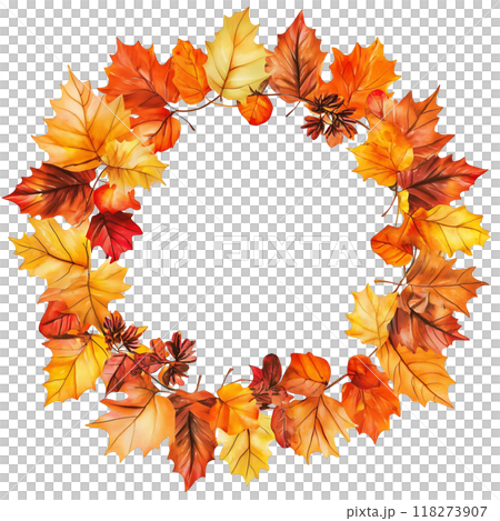 Watercolor wreath made of autumn leaves, natural fall decor in yellow in orange colors isolated on white background 118273907