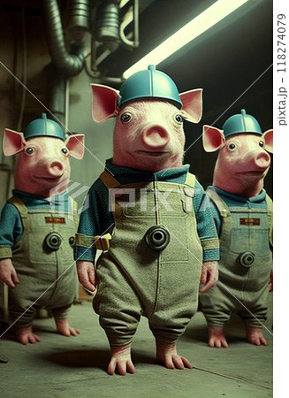 Three pigs with production uniforms work in a factory. AI Generated 118274079
