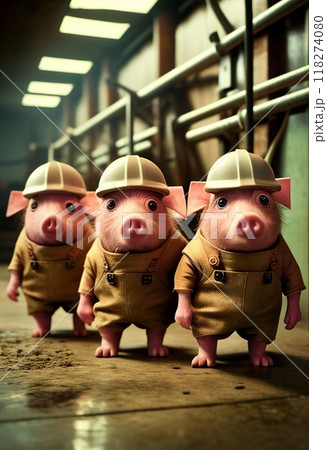 Three pigs with production uniforms work in a factory. AI Generated 118274080